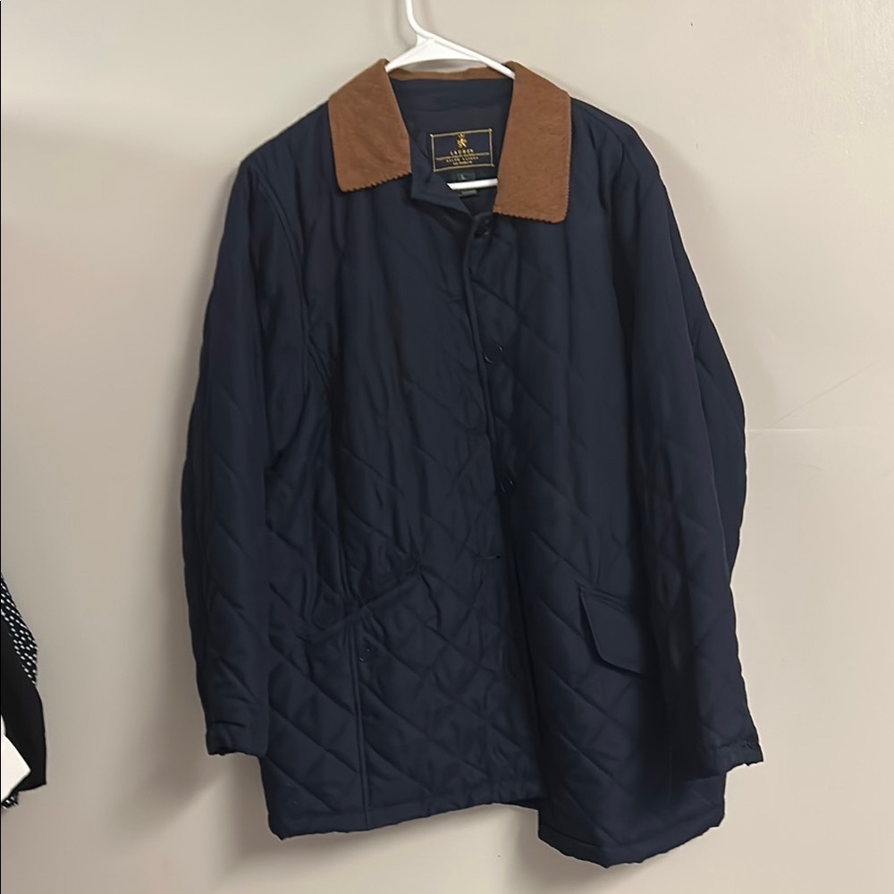 Lauren Ralph Lauren Navy Quilted Puffer Jacket with Brown Corduroy Collar